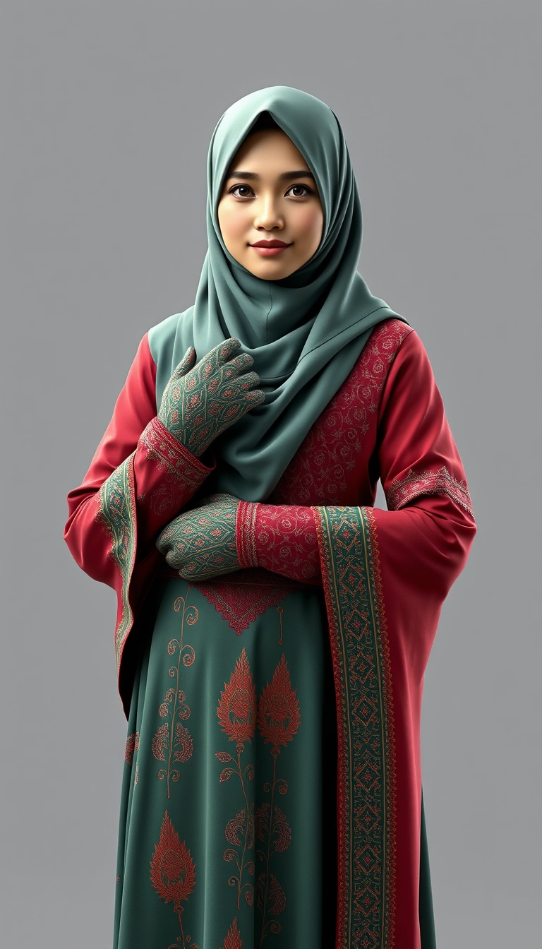 A 3D, 8k depiction of a Muslim woman from Palembang, wearing a traditional long songket and a long gown (gamis). She is adorned with a hijab that covers her chest and wears batik gloves covering her hands.