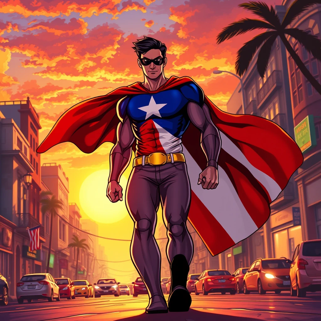 As the sun sets over the vibrant streets of Puerto Rico, your superhero strides confidently through the bustling city, the flag of Puerto Rico billowing behind them like a majestic cape. With their emblematic machete logo gleaming proudly on their chest, they pause, sensing trouble stirring in the heart of San Juan. Ready to defend their homeland, they embark on their next mission to protect the island and its people from any threat that dares to challenge its beauty and resilience, vibrant, art by David Levine.