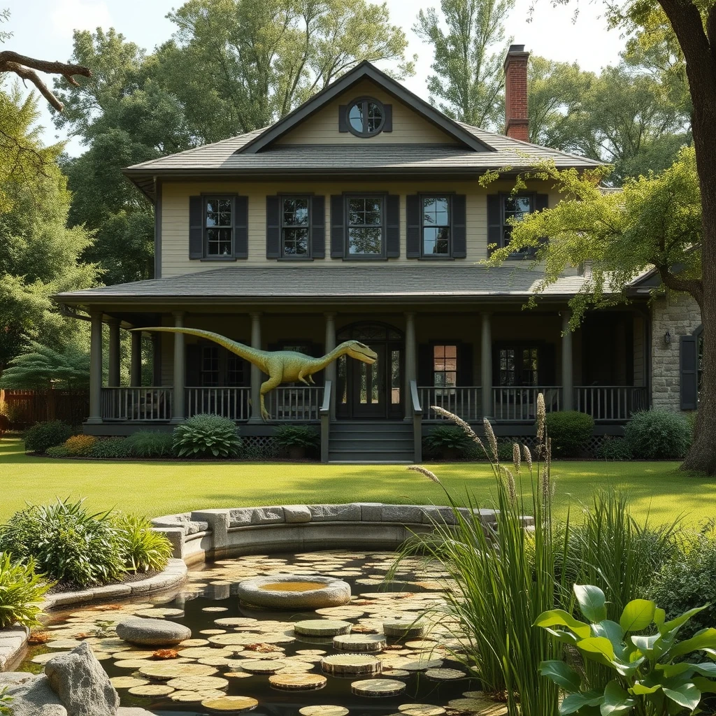 A house in a large garden with a veranda and lots of plants. A pond can be seen in front, and trees behind. A T-rex can be seen through the trees. - Image