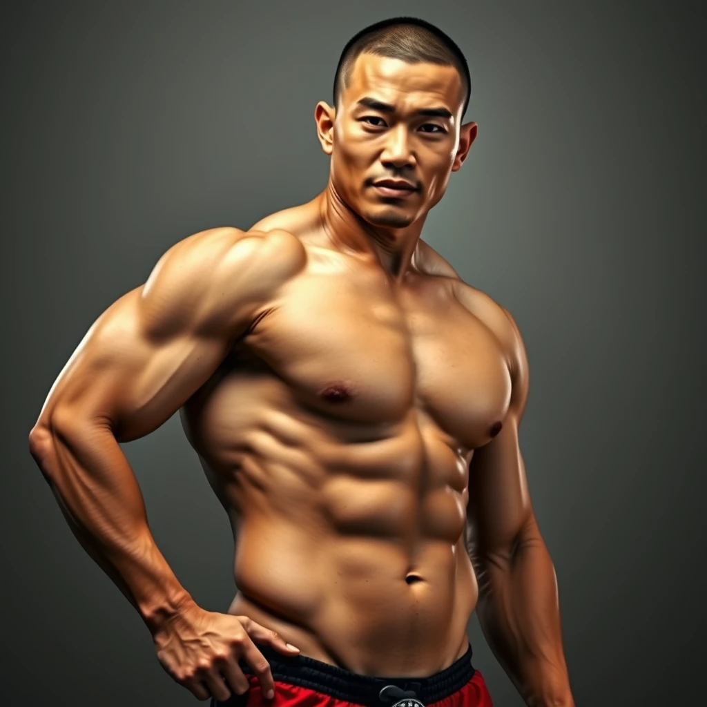 "a full body portrait of a muscular beefy Asian male, with a thin layer of fat over his muscles, buzz cut, 32k uhd, real" - Image