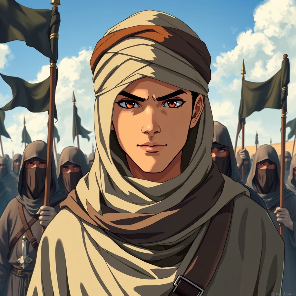 Full-view anime portrait of a young Muslim commander wearing a modest cloak and turban with a scarf hood, standing behind the great Muslim warriors with a leader expression. The medieval Muslim warriors are wearing veils and holding black Shahada banners, guarding him in open land. The theme is "the conquest of Jerusalem has come," powerful, movie graphics, alpha, acrylic paint shader, dynamic illustration.