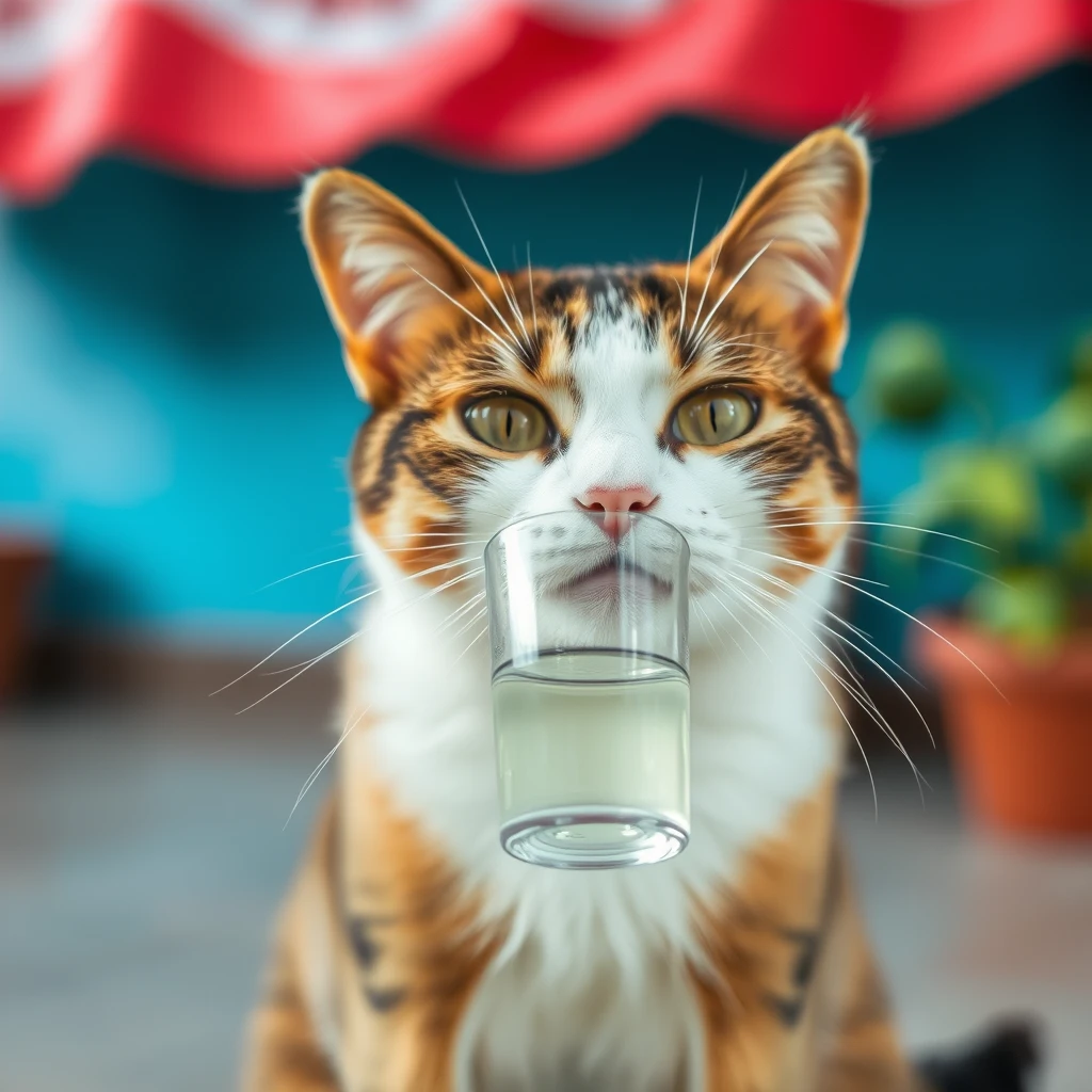 A cat is drinking from a phone camera perspective