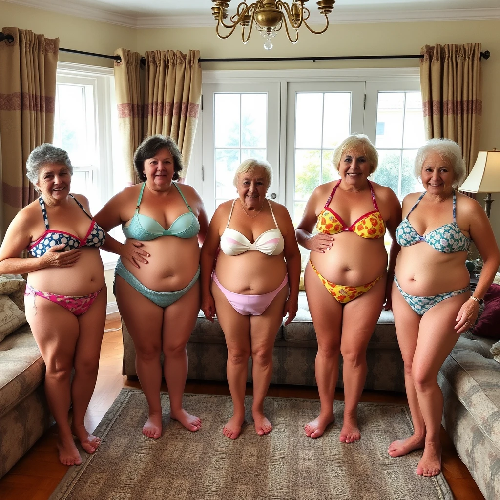 5 women of varying sizes in bikinis in a living room aged 75 plus. Holding their chests.