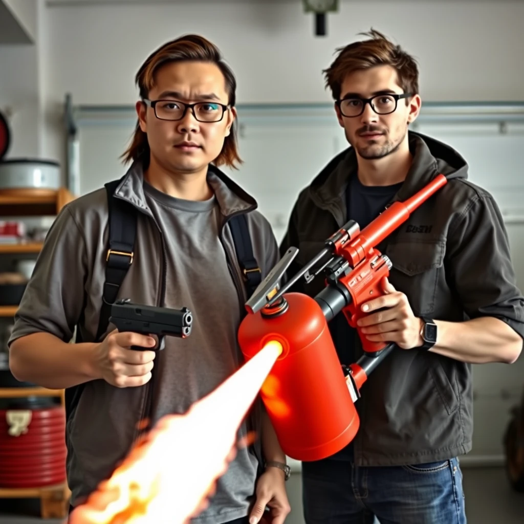 21-year-old white northern Chinese man wearing square glasses, mid/long hair, holding a pistol; 21-year-old white Italian man wearing round glasses and short hair holding a very large fire extinguisher flamethrower, garage setting.