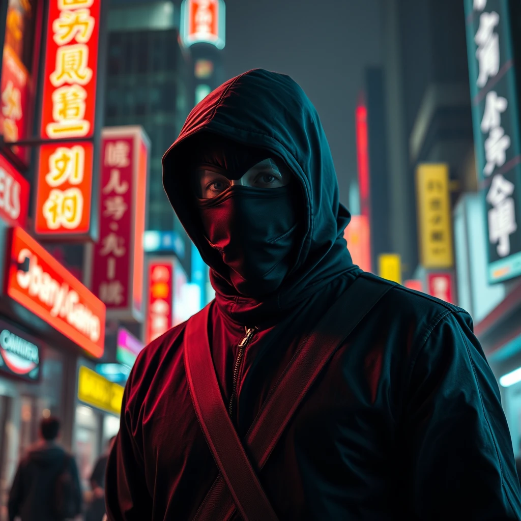 A mysterious guy wearing a black ninja-like suit in neon city.