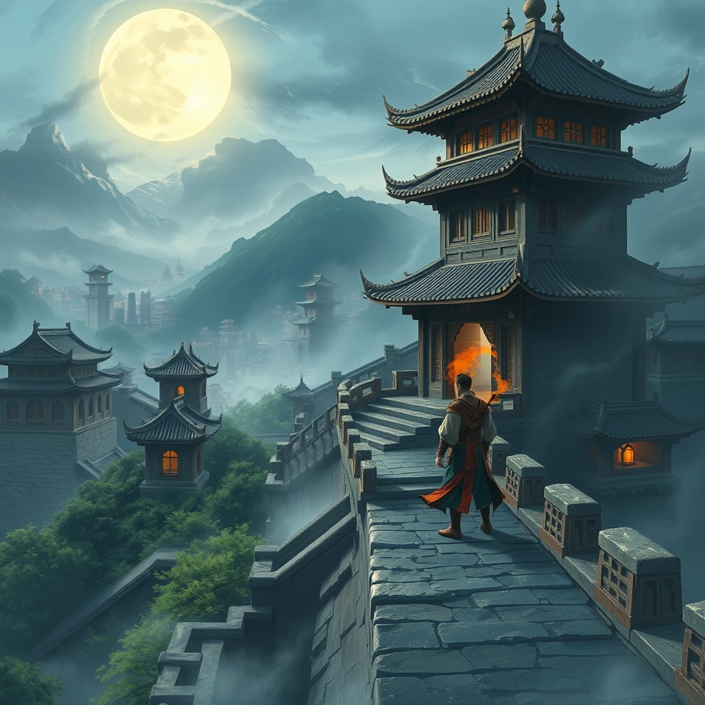 In an ancient city, a hero stands alone on the city wall on a stormy night, with a character style from the Tang Dynasty of China. The architectural style belongs to Chinese architecture. - Image