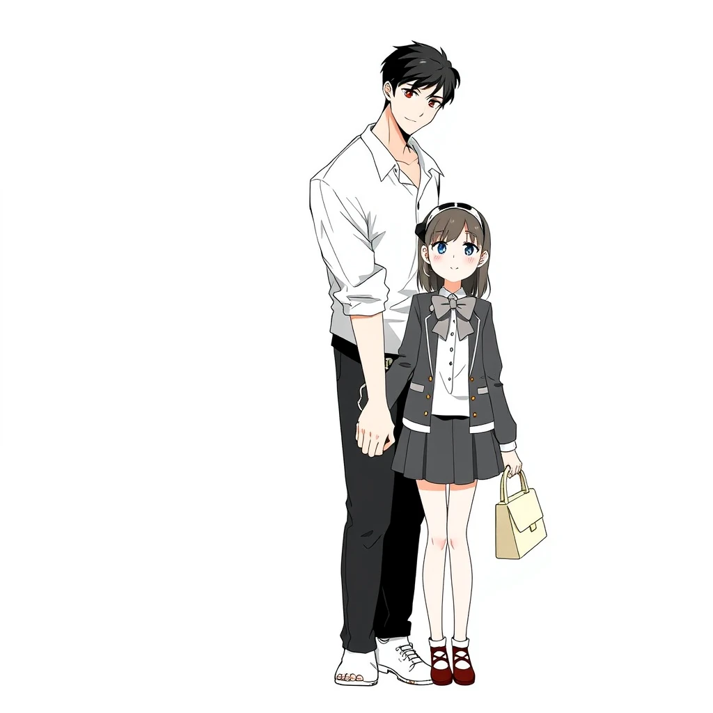 1 girl, tall handsome boy, standing, couple, fashion, bow, simple background, cup, handbag, hand in hand, daily life.