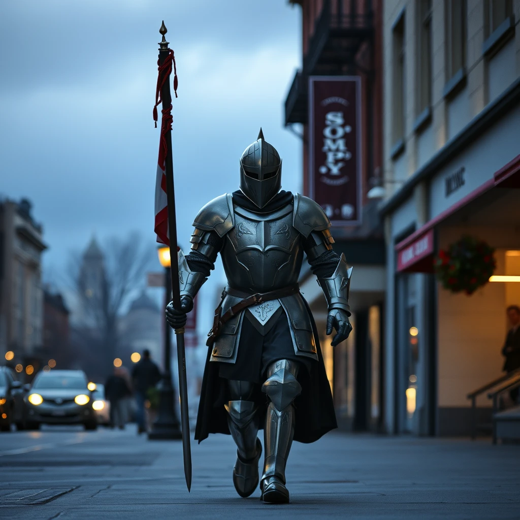 A knight in iron armor walks downtown. - Image