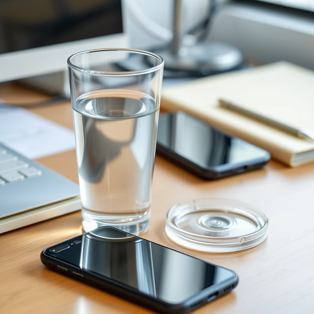 A glass water cup is placed on the left side of the desk, with a cup lid next to it, and there is also a mobile phone on the desk.