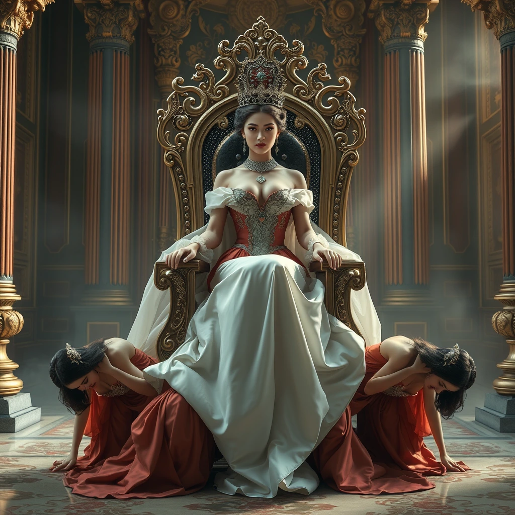 "The voluptuous and sensual beautiful queen sits on a luxurious and exquisite throne, which is carried by four palace maids crawling." - Image