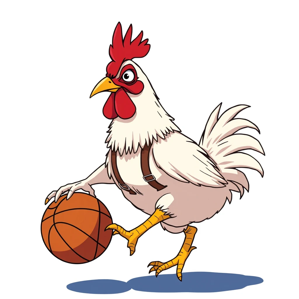 A chicken wearing suspenders and sporting a middle part hairstyle is playing basketball, in an anime style, anthropomorphized, exaggerated. - Image