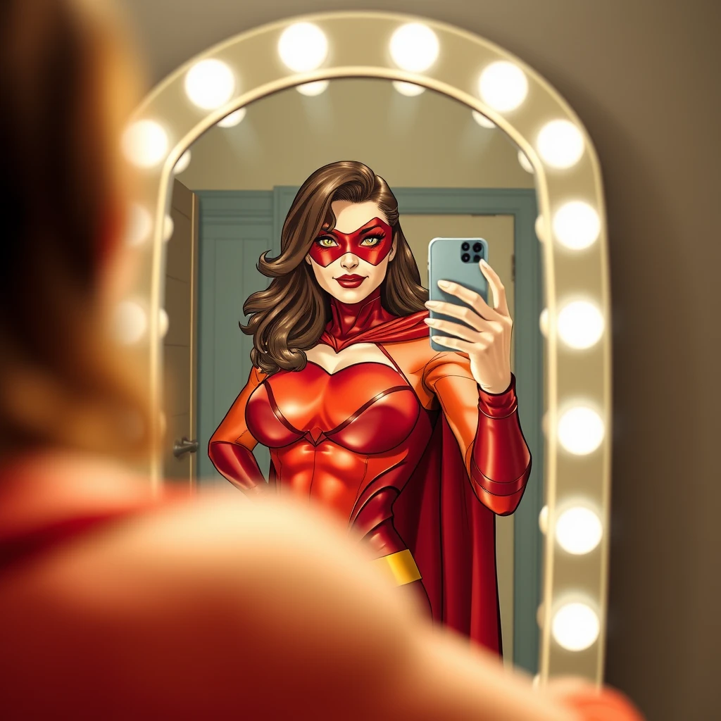 A woman superhero stands in front of a mirror capturing a selfie. - Image