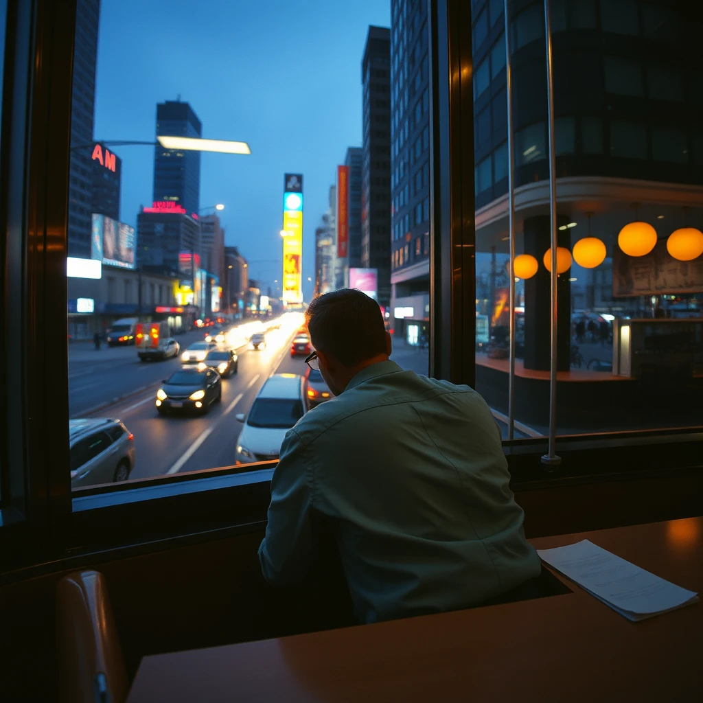 "A late-night rush hour office worker sitting with their back to the camera inside a restaurant, with the city's nightscape and traffic outside the window. Wide-angle shot, cyberpunk style."