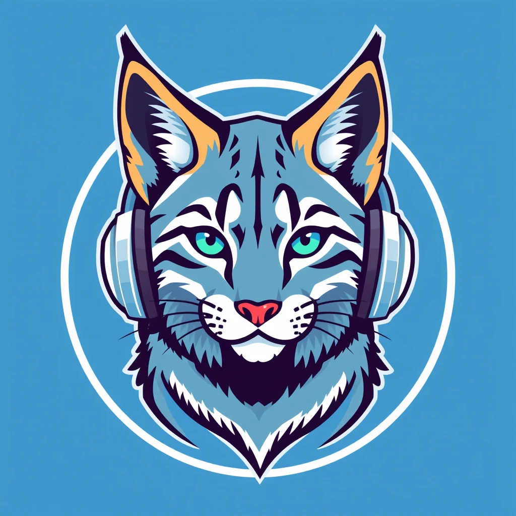 Logo of a lynx wearing headphones, blue theme. - Image