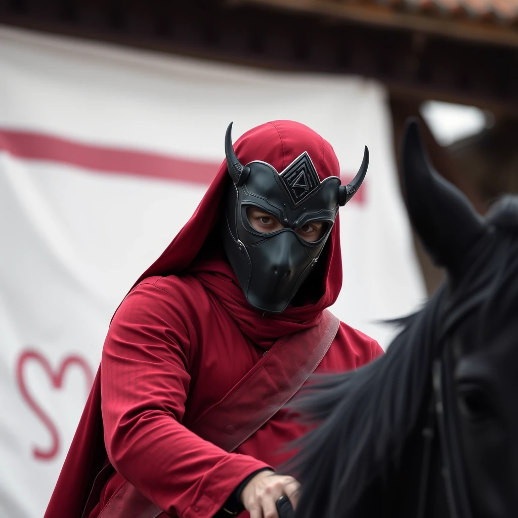 A man in a red outfit with a beautiful appearance is wearing a mask that covers half of his face, riding a black steed.