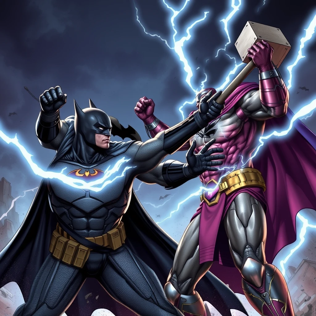 A superhero wearing a batsuit fighting another superhero, the god of thunder, with a hammer. - Image