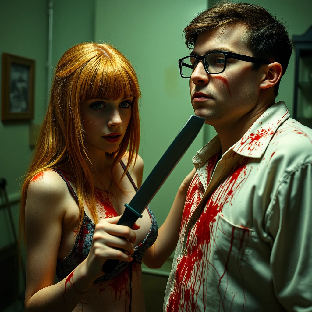 A horror scene; a short, skinny teenage girl with long ginger hair and bangs, green eyes, and large breasts, using a knife to cut a tall young Italian white guy who wears glasses, covered in blood. - Image