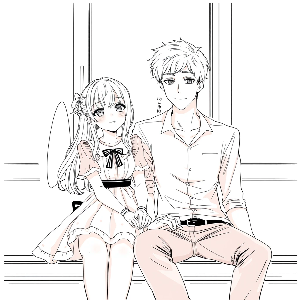 A young woman in a cute dress sitting with her tall and handsome boyfriend, very detailed anime line art.