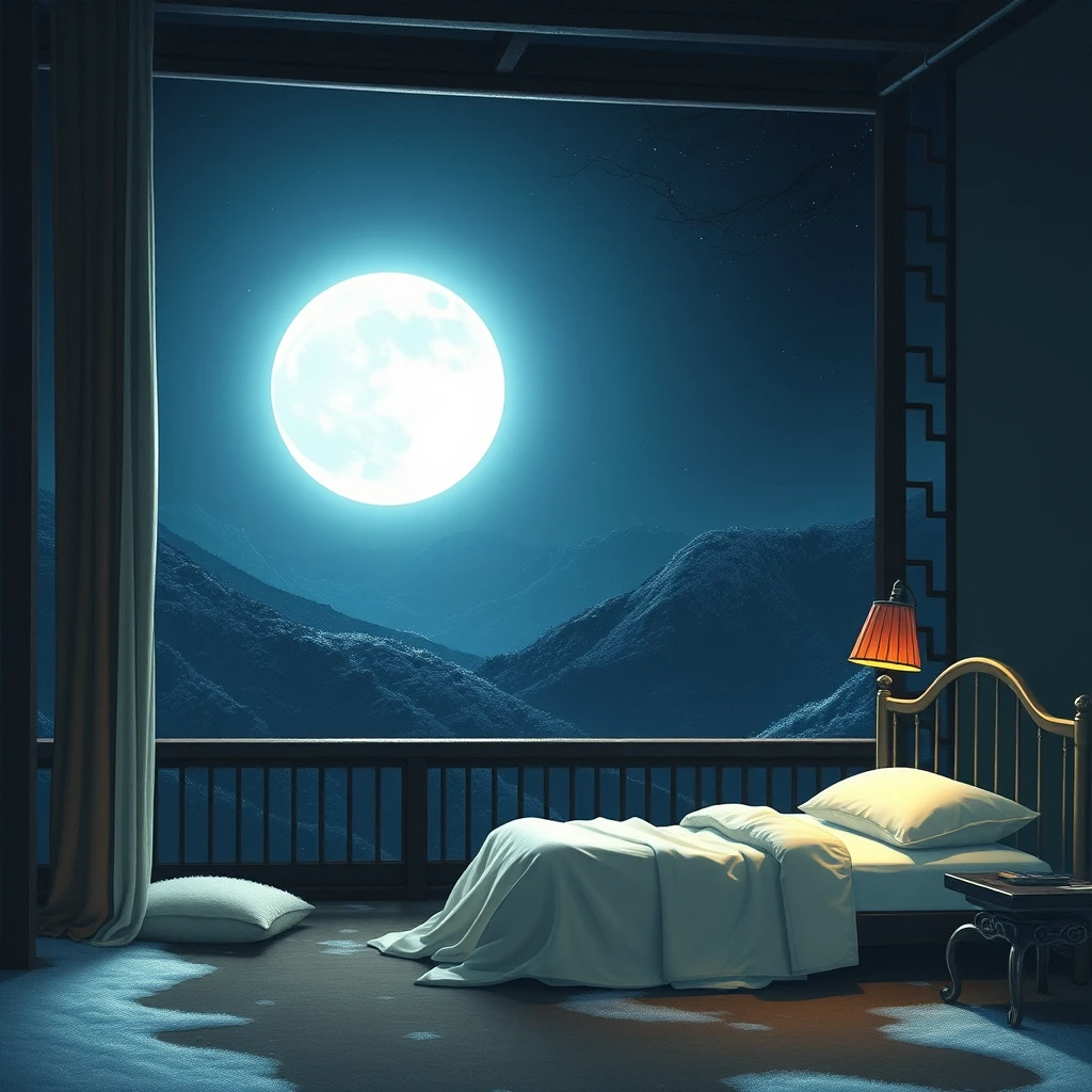 One night, Li Bai sat by his bed at home, with the moonlight streaming into the room. The moon was particularly bright that night, casting a glow that looked like a layer of white frost on the ground. The room was incredibly quiet, with only the moonlight shimmering. - Image