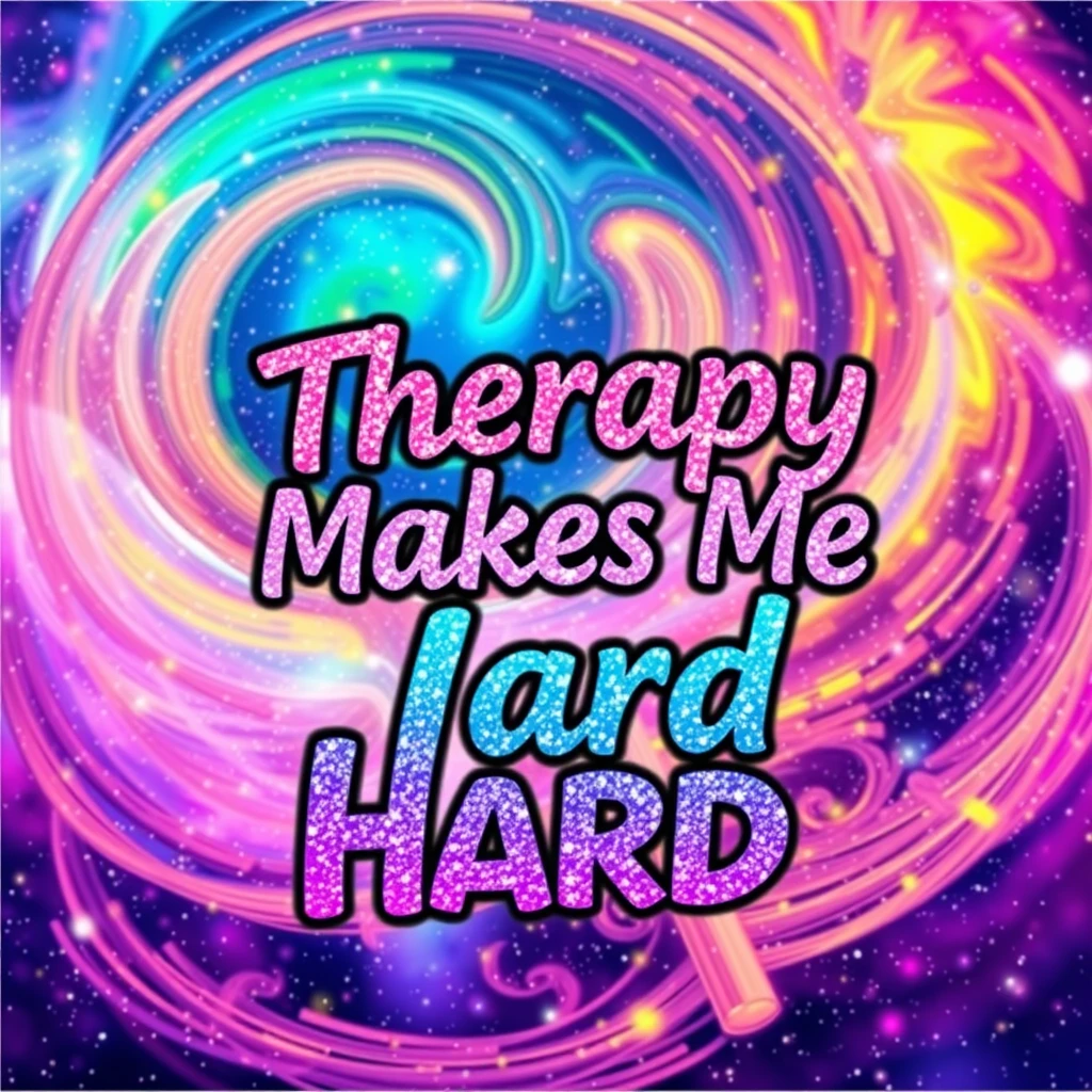 T-shirt design of fantastic vibrant glittery with an iridescent effect but ethereal text that says "Therapy Makes Me Hard" swirled vibrant colors with a colorful galaxy in the background. - Image