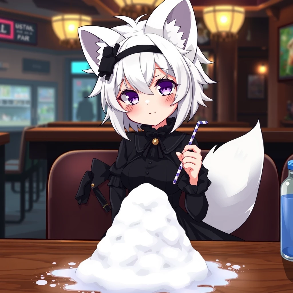 A cute anime girl with fluffy fennec ears and a fluffy tail, short messy white hair, and purple eyes, wearing a goth outfit with a long black dress, is sitting at a table in a bar. On the table is a small mountain of snow. The girl looks at the snow with a greedy smile and has a straw in her right hand. - Image