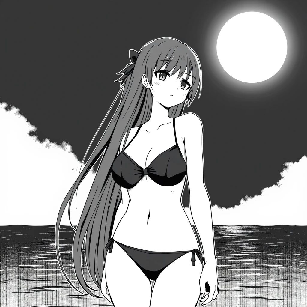 Girl with long, black hair in a black bikini. In the background, a black sky with a big, bright moon. Manga, grayscale. - Image