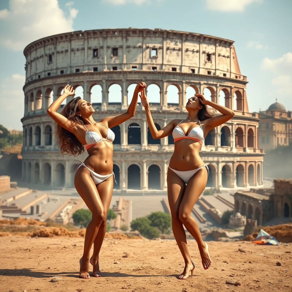 Realistic image of two women in bikinis dancing in front of the Colosseum in Rome, behind the Colosseum the ruined city, the land is a desert. - Image