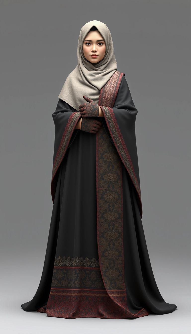 A 3D, 8k depiction of a Muslim woman from Palembang, wearing a traditional long songket and a long gown (gamis). She is adorned with a hijab that covers her chest and wears batik gloves covering her hands. - Image