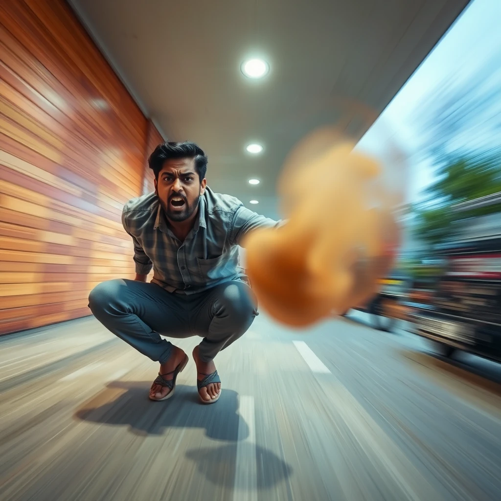 Indian man flying away at high speed 20m high, squat pose, farting a high pressure stream of brown liquid, low quality CCTV footage, angry screaming at camera, bulging eyes, front view, radial blur.