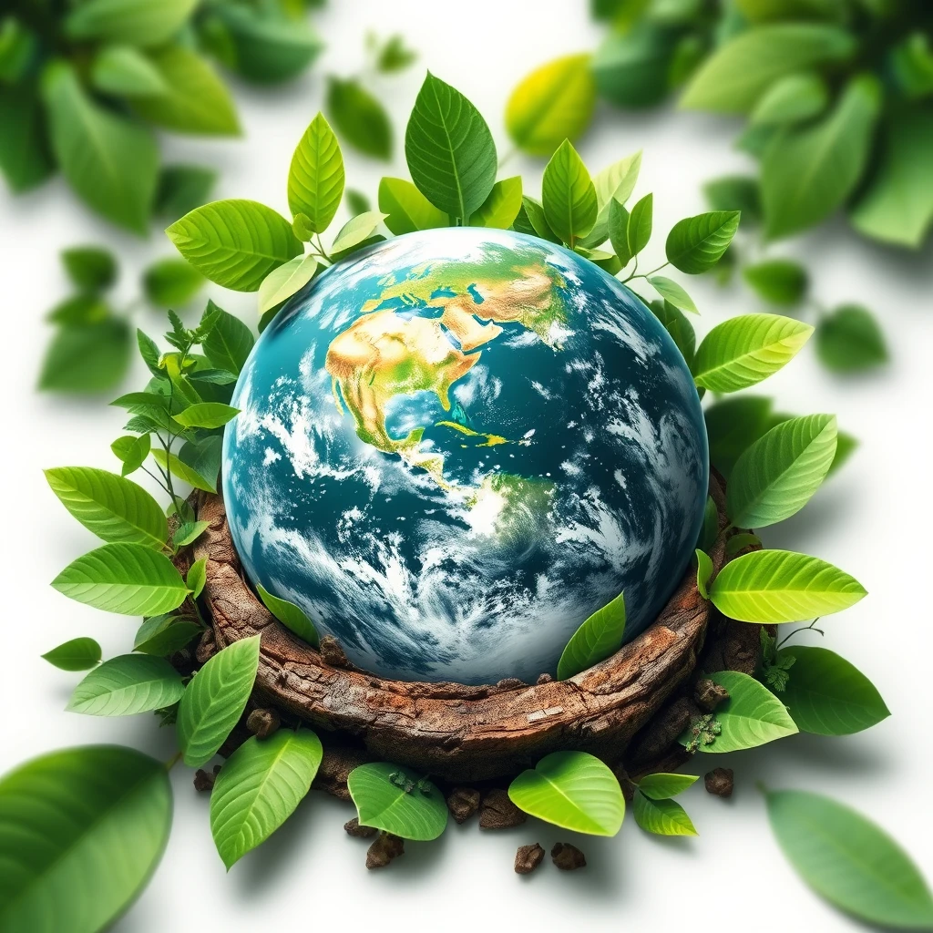 "Create a realistic visual with Earth as the main focal point, surrounded by green environmental elements. Poster design." - Image