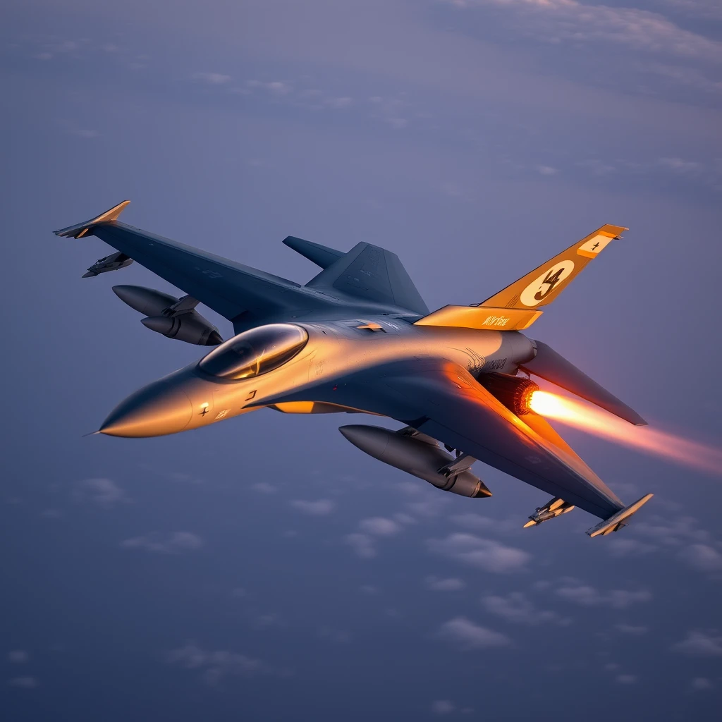 F-16 armed with AIM-9 and AMRAAM mid-flight, dawn.