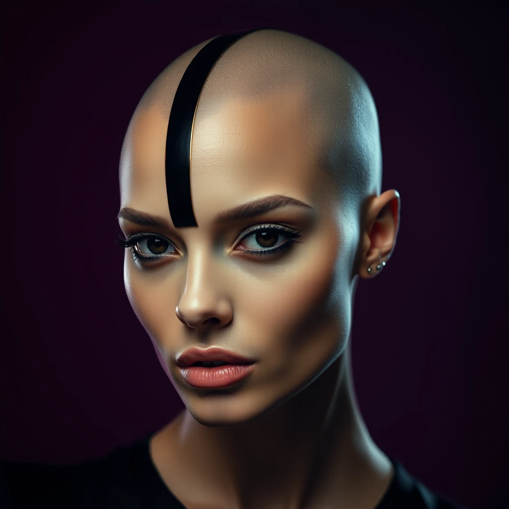 Mid shot, a cinematic photograph of a stylized portrait of a bald woman's head, with bold glossy black and gold stripes, luxury and sophistication, serene backdrop in a rich deep plum hue, mystery and creativity, Rembrandt light that accentuates the subject's striking features, shallow depth of field, enigmatic gaze. - Image