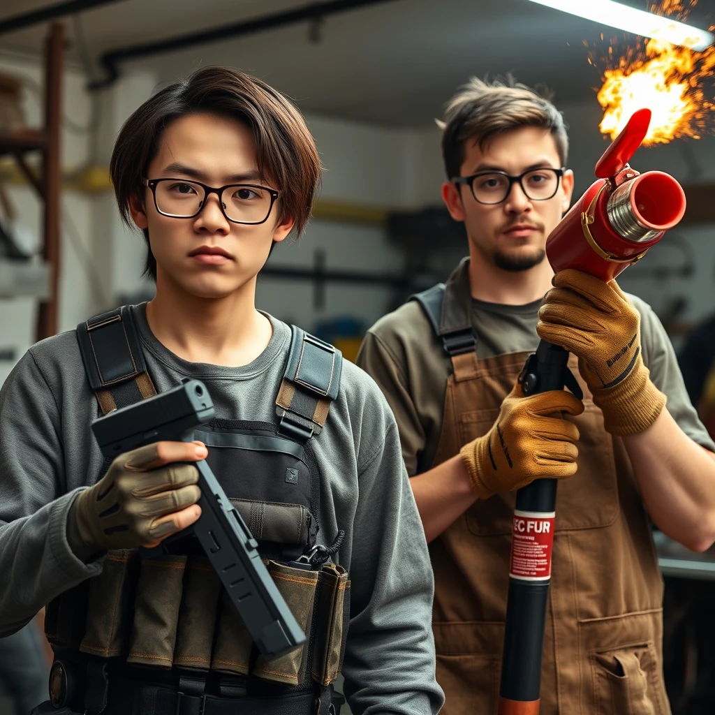 21-year-old white thin long-faced young adult northern Chinese man with a square chin, wearing square glasses, holding a pistol, "medium/long length hair", tactical chest rig; 21-year-old Caucasian Italian man wearing round glasses and short hair holding a very large fire extinguisher flamethrower, welding apron and gloves; garage setting; both angry. - Image