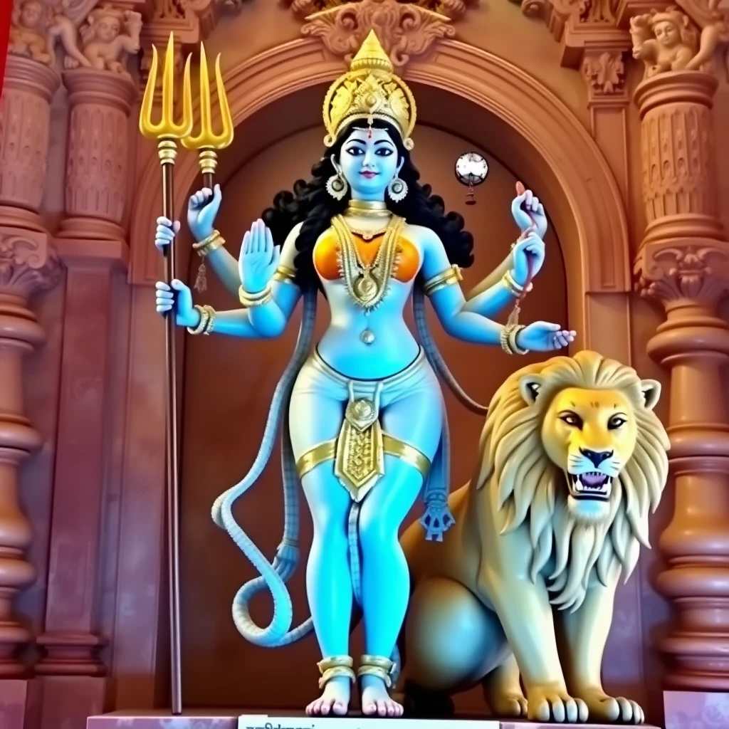 Slim, sexy-looking, youthful goddess Kamakshi with four arms and a trident, standing next to a male lion on a temple altar. - Image