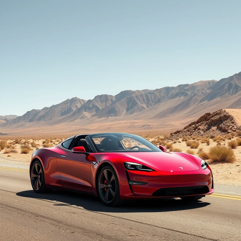 A photo of a Tesla Roadster 2020 parked on a desert road. High quality, realistic.