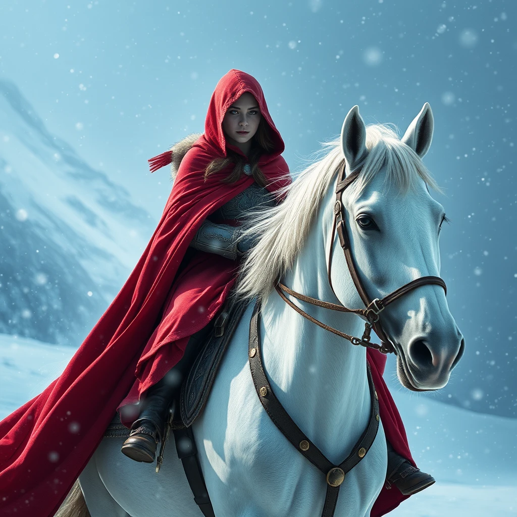 "Fantasy heroine with a red cloak without a hood on a white horse in a heavy snowstorm in the mountains."