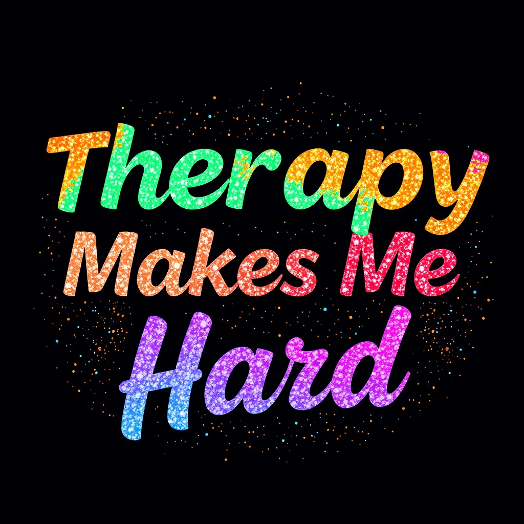 T-shirt design of fantastic vibrant glittery with an iridescent effect but ethereal text that says "Therapy Makes Me Hard" with each word a different vibrant color. - Image