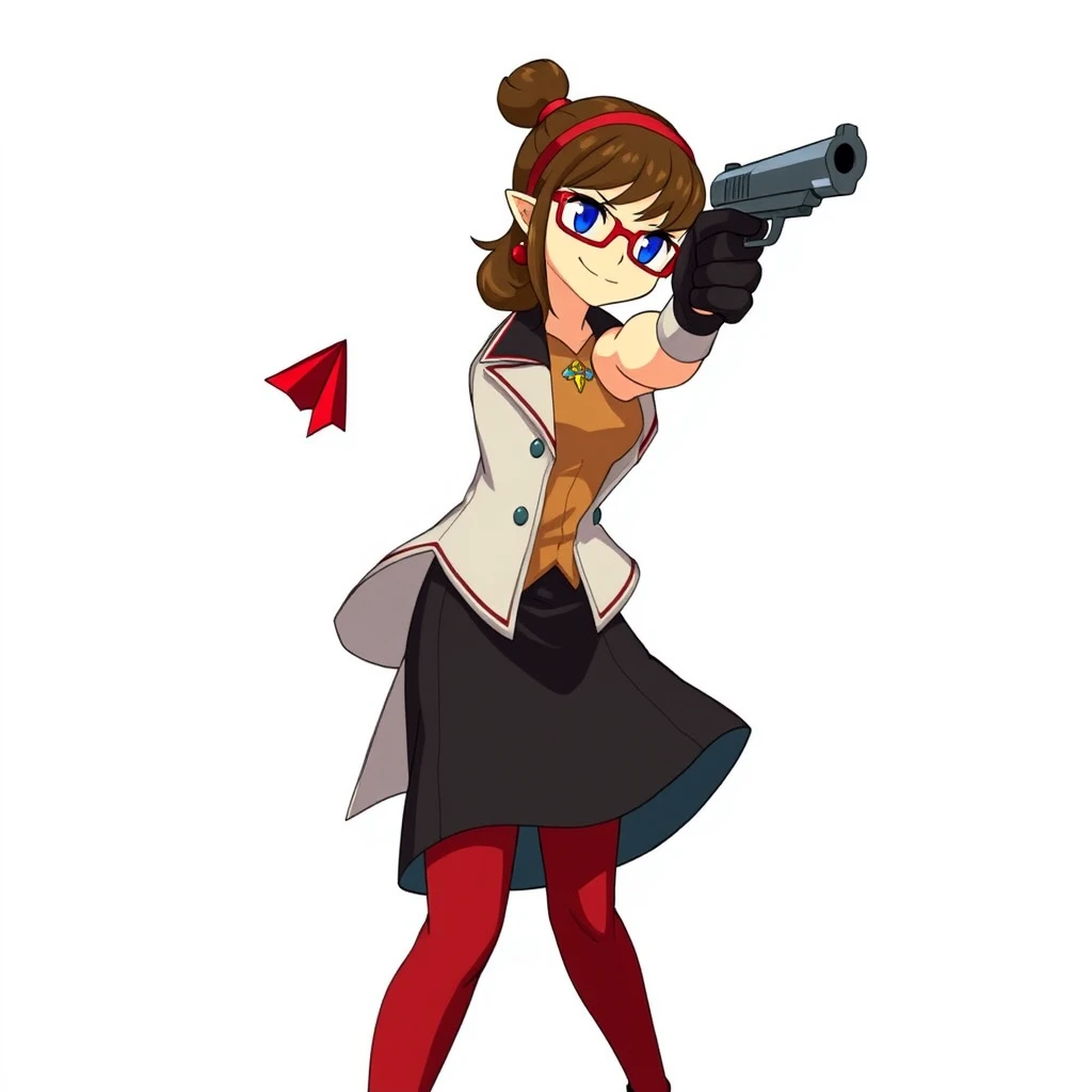 Purah from The Legend of Zelda: Tears of the Kingdom holding a weapon, holding a gun, handgun, hand in pocket, aiming, 1 girl, Purah, hair ornament, red headband, red glasses, sleeveless shirt, white coat, black skirt, red leggings, gloves, high heels, smirk, anime style.