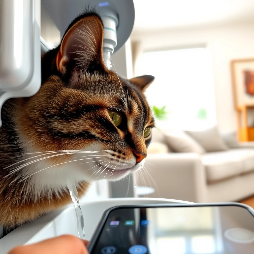 A cat drinking water, captured from the perspective of a mobile phone. The scene is indoors, with the cat's face close to the water stream. The water dispenser is modern and sleek, and the environment is well-lit with natural lighting. The cat is focused on drinking, and the image shows a clear, detailed view of its head and upper body. The background includes a hint of home decor, indicating a cozy living space. - Image