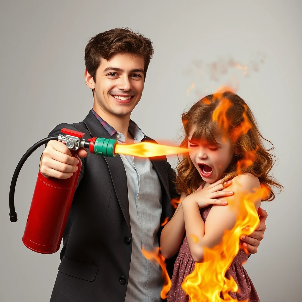 20-year-old smiling white Italian man holding "fire extinguisher flamethrower," pointing at "screaming green-eyed redhead girl in fetal position, crying, engulfed in flames."