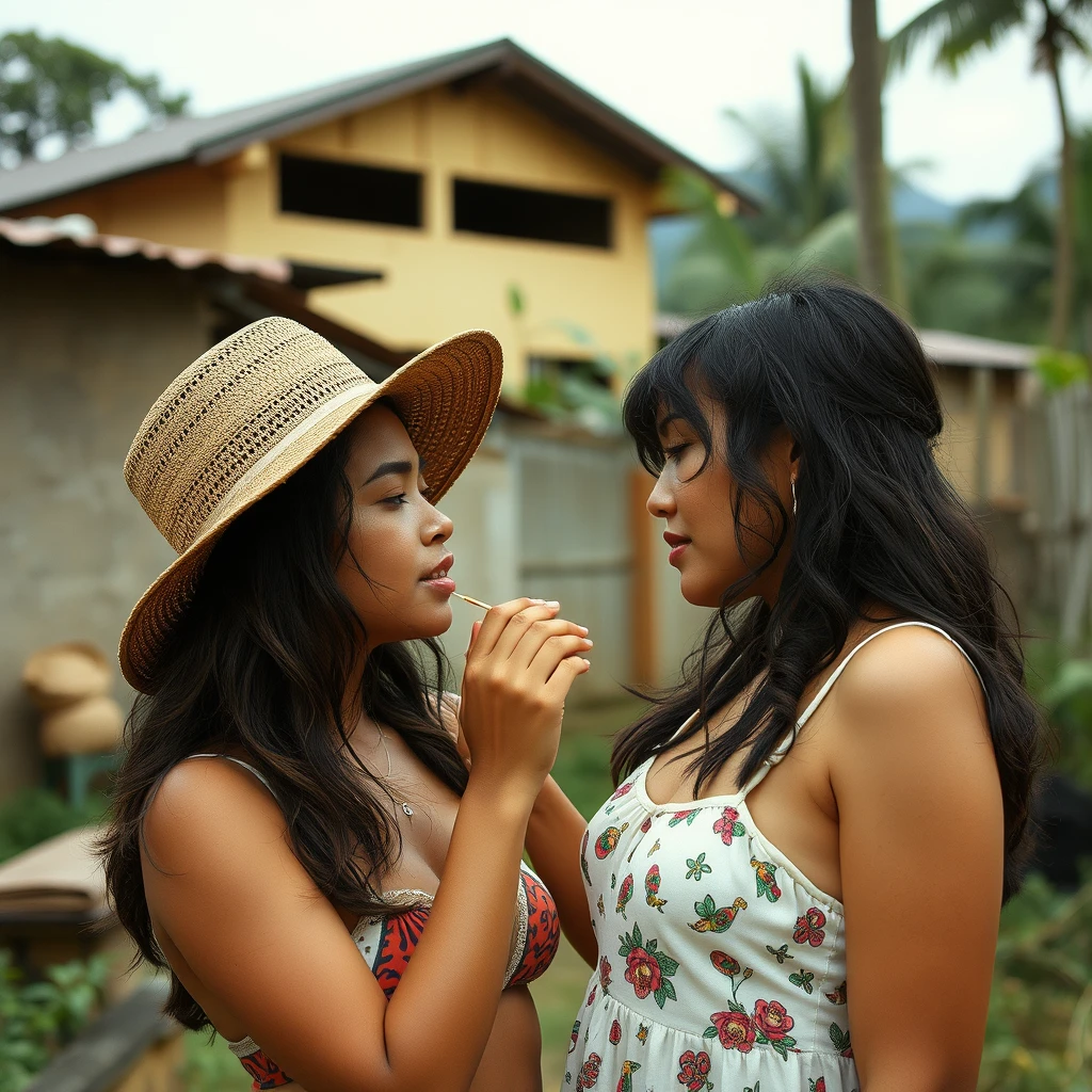 A scene in Colombia. Two ladies in their 20s discovering themselves, Milo Manara style. 4k. Tongues touch. No filter.