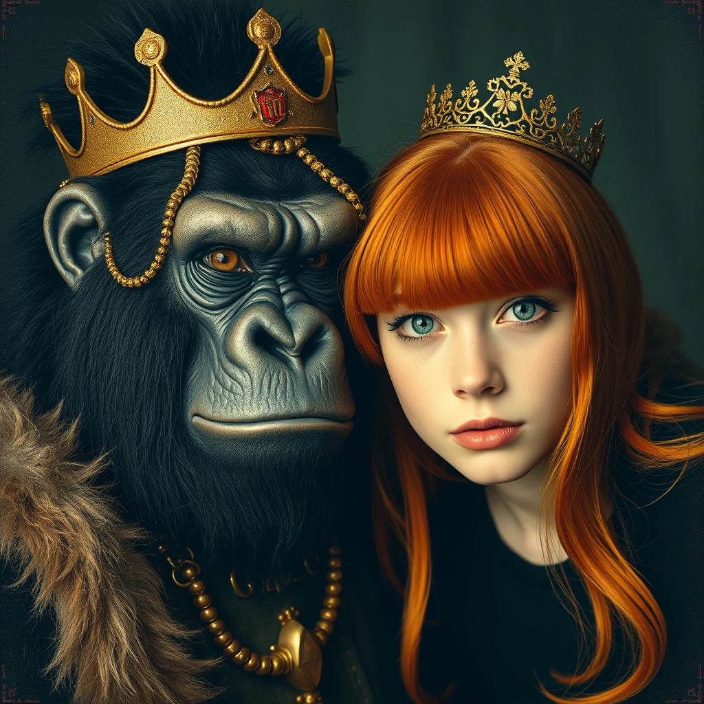 king fierce gorilla next to a cute ginger russian green-eyed bangs hair teenage princess vintage style