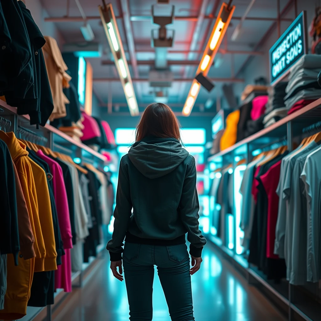 woman wear store, big inter room, bright surrounding, nobody, cyberpunk