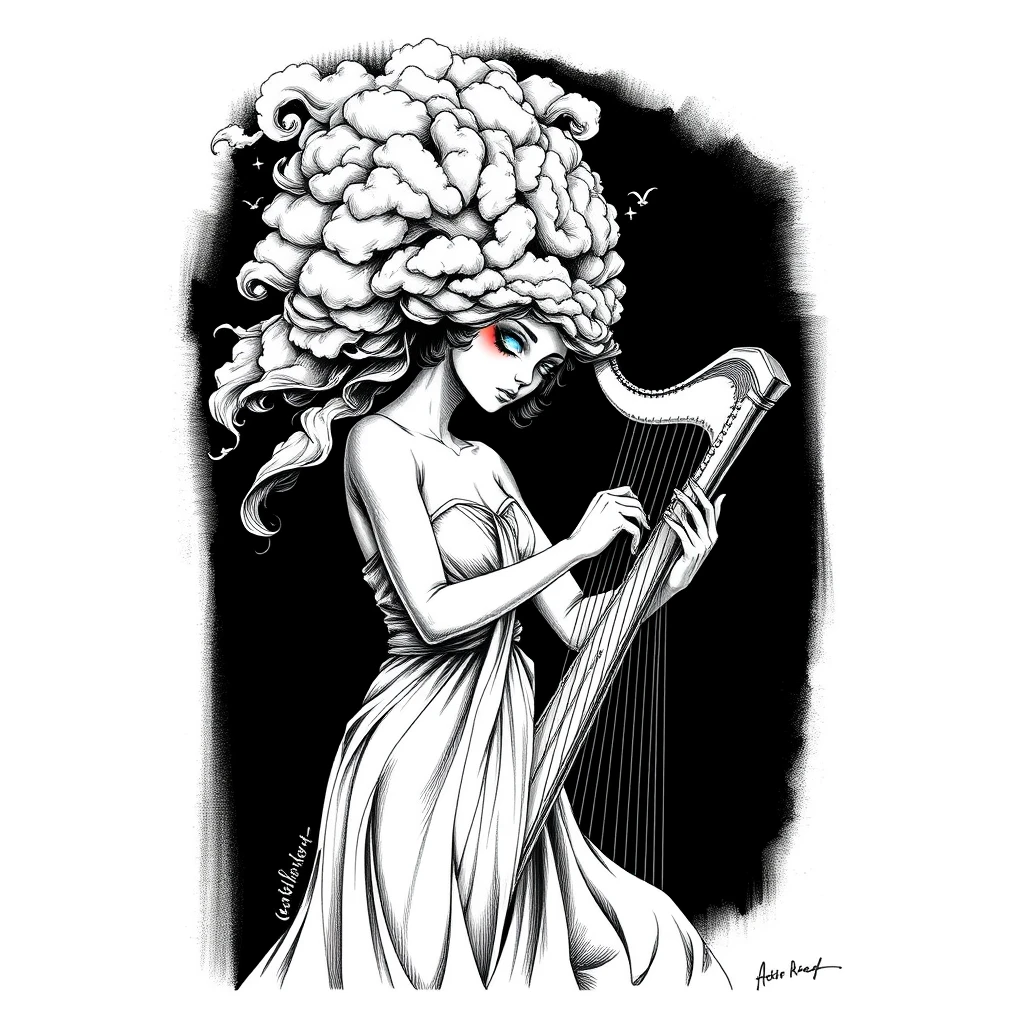 Black and white ink drawing of an elegant female figure with hair made of clouds, holding the glowing eyes from her head in one hand while she plays a harp in the style of Mark Riddick, t-shirt design, surrealism, surreal style, black background, hyper realistic, high resolution.