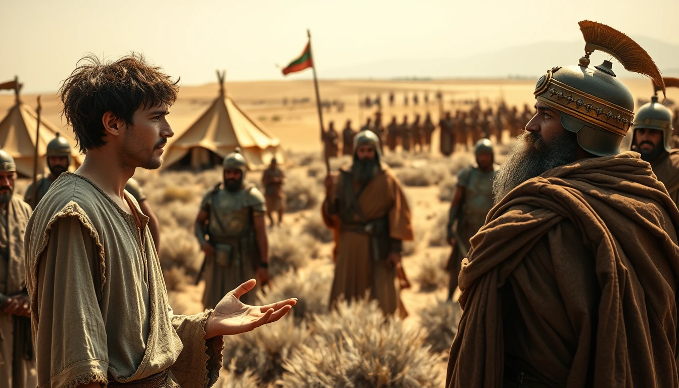 Two men are arguing. One is a young man, with messy hair and a short beard. The other is a middle-aged Mesopotamian king. The young man looks at the king and gestures in disbelief. The young man is dressed in a biblical-era shepherd's attire. The middle-aged king is dressed as a Mesopotamian soldier. Both men are surrounded by a diverse group of men in ancient Sumerian soldier armor. In the background are Arabic army tents pitched on desert shrub land. In the distant horizon stands another army armed and ready to fight. Dramatic lighting.