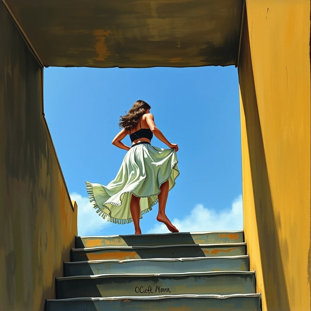 Colombian lady in skirt climbing the stairs, Milo Manara style - Image