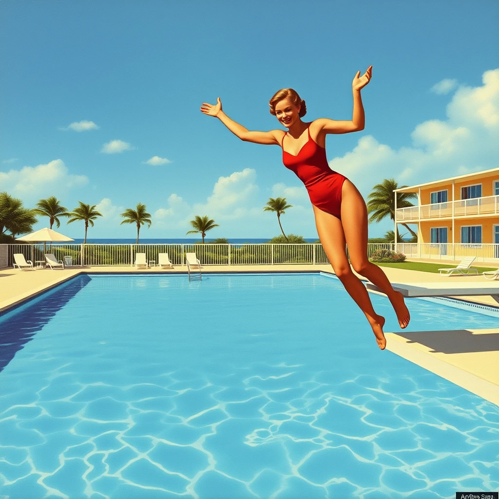 A Miami Beach postcard featuring a woman in a one-piece swimsuit, doing a clumsy dive from the diving board into a motel swimming pool, from 1956, as painted by Arthur Sarnoff, wide, landscape view. - Image