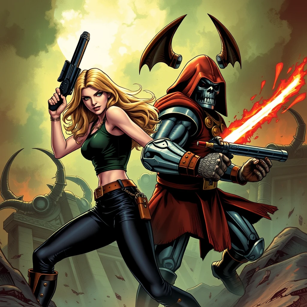 Buffy Summers (from Buffy the Vampire Slayer) and Doomguy (from Doom) back to back fighting demons in Hell. - Image