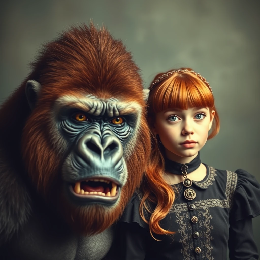 King fierce gorilla next to a cute ginger Russian green-eyed bangs-haired teenage princess in vintage style. - Image