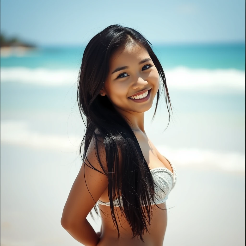 Beach, Asian girl, smiling, facing camera, hands behind her back, no bra.